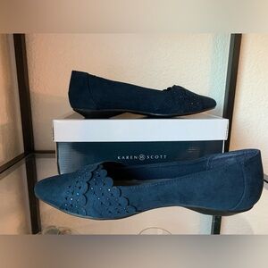 NEW Stylish Navy Karen Scott Adella Pointed Toe Flats Scallop Rhinestone Detail